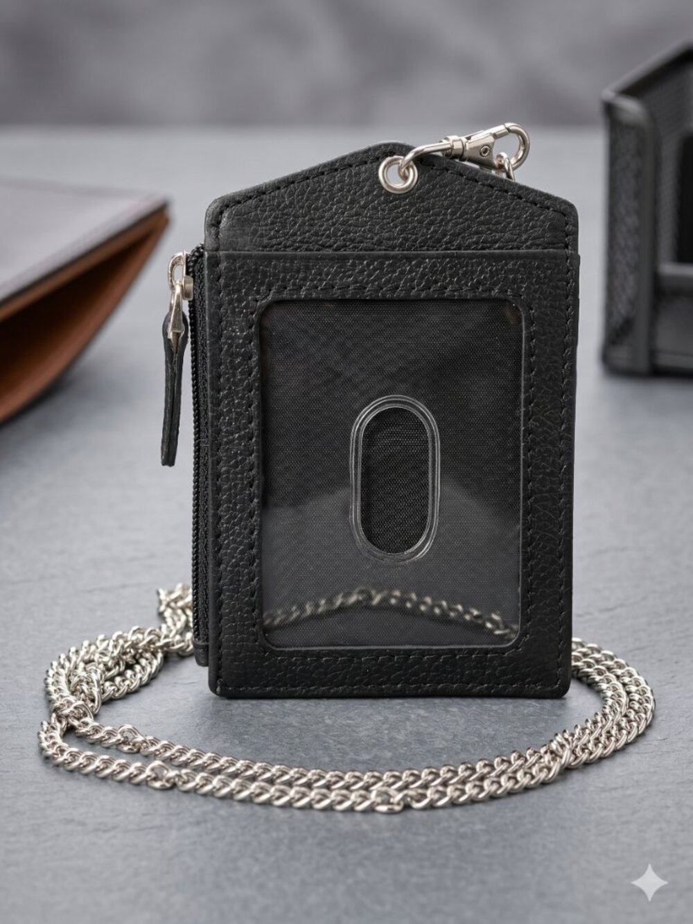 ID lanyard Card Holder in Genuine Leather, Black